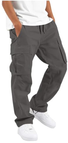 Slxbear Boys Cargo Trousers Kids Casual Straight Wide Leg Elastic Waist Cotton Pants Lightweight Solid Drawstring Pant Breathable Comfortable Outwear Hiking Joggers Trouser 5-15 Years