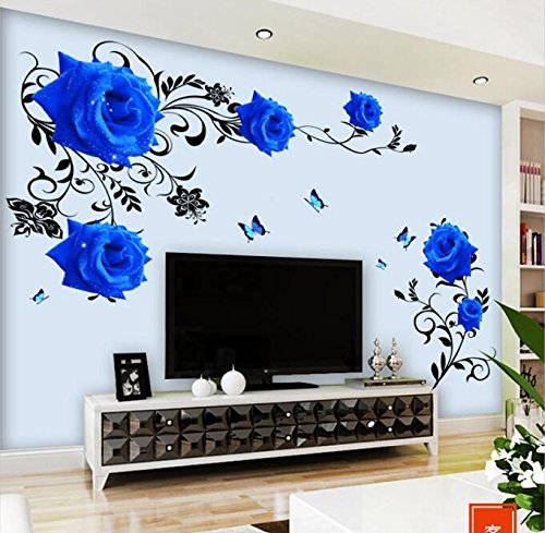 HALLOBO® Wandtattoo Blau Rosen Ranke XL Blumen Wandaufkleber Wandsticker Wohnzimmer Schlafzimmer Deco Wall Sticker Dekor