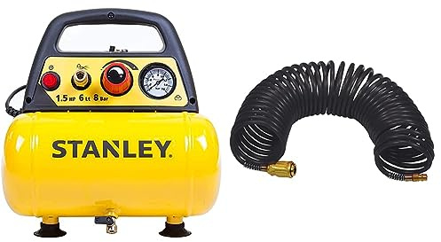 Stanley D 200 Compressore 6 Lt 1,5Hp, Pressione Max 8 Bar/116 Ps, Rumorosità 97 Db, ‎38 x 38 x 35 cm, 9 Kg & Tubo Spiralato 10 Metri Attacco Rapido