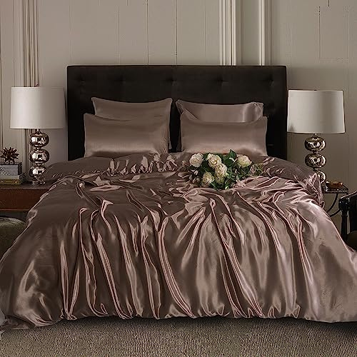 ROOEE Set di biancheria da letto completo in raso di seta, 6 pezzi, lenzuolo con angoli, copripiumino, 4 federe, colore visone, matrimoniale