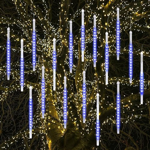 Vikdio Luci di Natale all'aperto, Pioggia di Meteoriti Luminosi 16 Tubi Spiralati (30cm 480 LEDs) Lunghezza di 5,25m, Luci ghiacciolo impermeabili per Decorazioni natalizie all'aperto, Blu