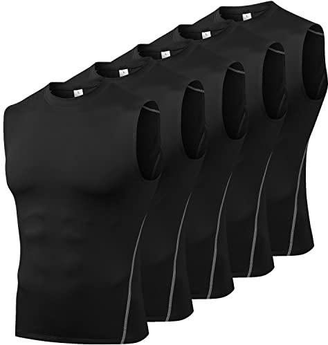 Odoland 5 Pack Mens Dry Fit Tank Tops, Compression Sleeveless Shirts, Athletic Workout Muscle Gym Undershirts, Black/Black, L