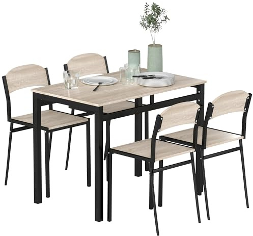 HOMCOM Set da Pranzo 5 Pezzi con Tavolo Rettangolare e 4 Sedie Moderne Abbinate, in Acciaio e MDF, Nero e Rovere