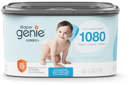La ricarica quadrata Diaper Genie Jumbo+, con pellicola continua, può contenere fino a 1080 pannolini per neonato.