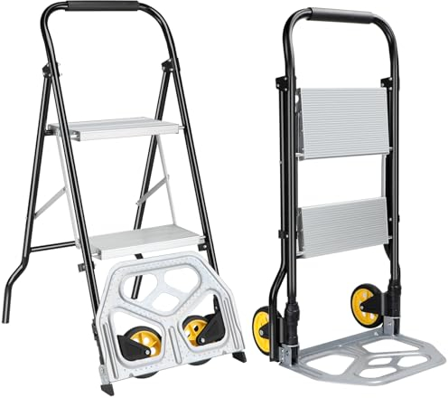 POWSTR 2 in 1 Carretilla Plegable y Escalera Plegable 2 Peldaños,Aluminio Carretilla de Mano con Dos Ruedas para Escaleras,Escalera Plegable con Pedal Antideslizante para Cocina y Oficina