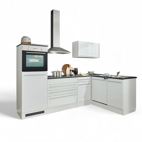 Stella Trading Jazz 6 Moderne Eckküche mit Elektrogeräten in Weiß Hochglanz, Metallic Grau - Geräumige Küchenzeile in L-Form mit viel Stauraum - 260 x 200 x 60 cm (B/H/T)