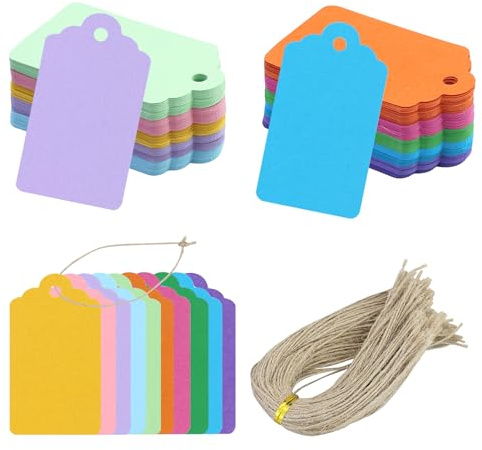 Etiquetas de regalo de papel de estraza 7 x 4 cm, 200 etiquetas y 200 unidades de cuerda de yute, para manualidades, Navidad, bodas, regalos (10 colores)