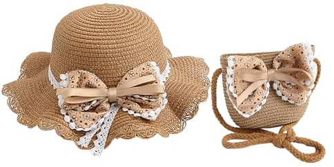 YJZQ Chapeau de Paille Ensemble Chapeau Soleil et Sac Capeline de Plage Style Princesse nœuds Papillon Adorable 50-52cm Casquette Souple Grand Visière Respirant pour Voyage