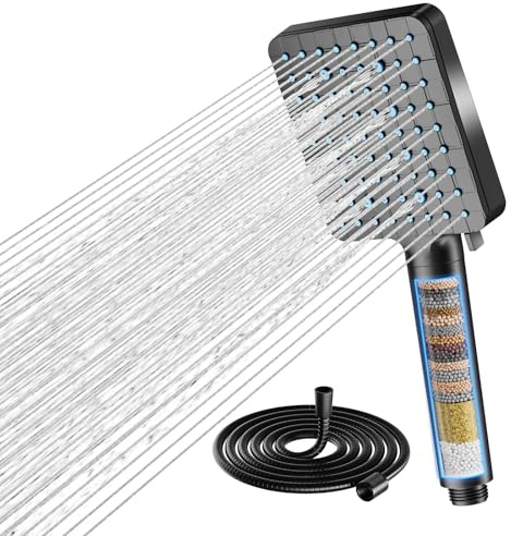 Cobbe Hard Water Filter Shower Head, High Pressure Shower Head and Hose with 20 Stage Filter, 6 Spray Modes Square Powerful Showerhead for Residual Chlorine Remove, Black