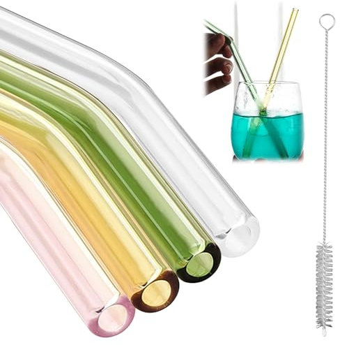 CJMUQHEHH 4 cannucce in vetro colorate riutilizzabili, cannucce in vetro curve, con 1 spazzola per la pulizia, ecologiche prive di BPA, per cocktail, frullati e succhi di frutta