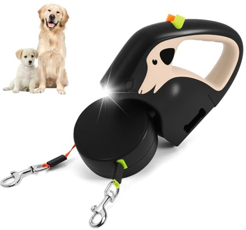 ZONJIE Double Ended Retractable Dog Lead, Non-Slip 3M Dog Leash for Walking 2 Dogs No Tangle with Rechargeable Night Flashlight, One-Touch Lock, with Poop Bag (Khaki)