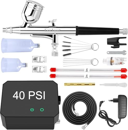 Powate 40 PSI Airbrush Airbrush-sats med kompressor med dubbla åtgärder 3 lägen och 0,2/0,3/0,5 mm munstycken för nagelkonst, hantverk, tårtdekoration och nageldesign, svart
