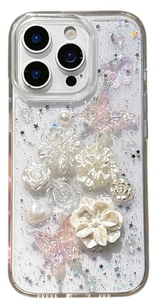 DMJSWY Telefonfodral för iPhone 16 Pro Max, halvtransparent TPU-skydd med 3D ros och fjäril – handgjord epoxi, stötsäker och repbeständig för kvinnor