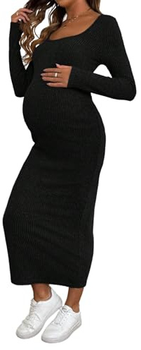 GORGLITTER Vestiti Aderenti da Donna Eleganti Vestito a Maglia per Donne Incinte Vestito a Maniche Lunghe Midi Vestito Premaman Tinta Unita Vestito Casual Outfit Autunno, Nero , M