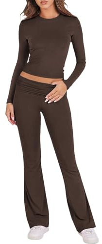 Vhersily 2025 Chándal de mujer casual de 2 piezas de manga larga ajustado Crop Top acampanado de cintura baja pantalones Lounge Set Yoga Deportivo Tenis Jogging Chándal Deportivo Activewear para