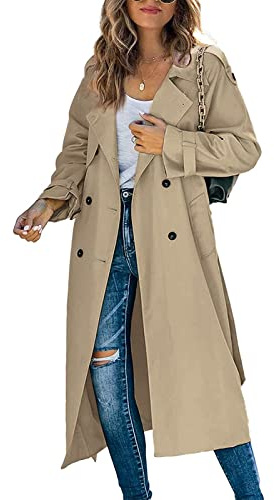 PWGGMAA Women's Classic Double Breasted Trench Coat for Fall Spring | Long lapel windproof overcoat with belt,casual outerwear,lightweight windproof fabric,wind resistant,daily travel outer coat