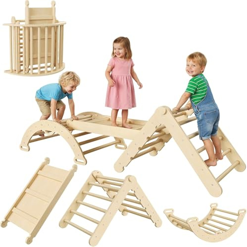 Koioplie 7-in-1 Collapsible Wooden Climbing Triangle Set for Toddlers – Early Learning Activity Gym with Arch, Ramp & Ladder – Indoor Jungle Gym Baby Climber – Size: 78×78×32cm