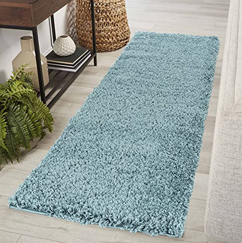 Serdim Rugs Living Room Hallway Runner Shaggy Rugs, Polypropylene, Duck Egg Blue, 60x220cm(2 x7'3)