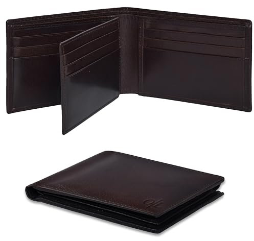 Dubbelvikt plånbok i äkta läder för män – plånböcker med 9 kreditkort 1 ID fönster smal minimalistisk framficka sedelvikt, Choklad, S, Minimalistisk