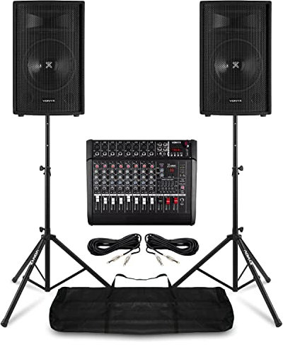 Complete Live PA System Package with 2x 12 Passive Speakers, 2x Speaker Stands, Mixer Amplifier, Cables – Band PA System for Singers, Church, Gigs, Events, Performances