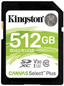 Kingston Canvas Select Plus 512GB Class 10 UHS-I U1 V10 100MB/s SDHC Memory Card with Frustration Free Packaging (SDS2/512GBET)