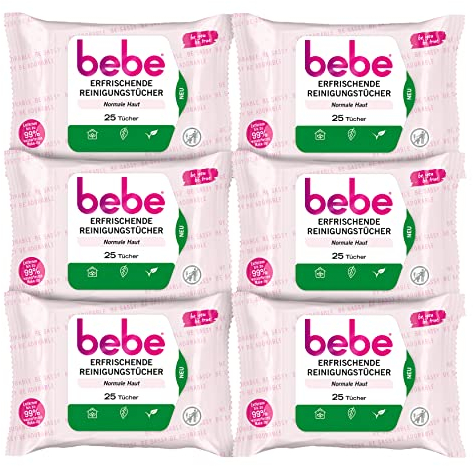 bebe Erfrischende Reinigungstücher (6 x 25 Tücher), milde Abschminktücher mit Rosenwasser, Make-up Entferner aus Fasern 100% pflanzlichen Ursprung, Gesichtsreinigung für normale Haut, vegan*