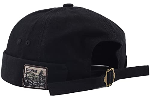 Mens Womens Docker Cap Denim Brimless Hats Beanie Worker Sailor Rolled Cuff Retro with Adjustable Cuff Harbour Lightweight Fisherman Summer Waterproof Brimless Worker Sailor Hat (Denim Black)