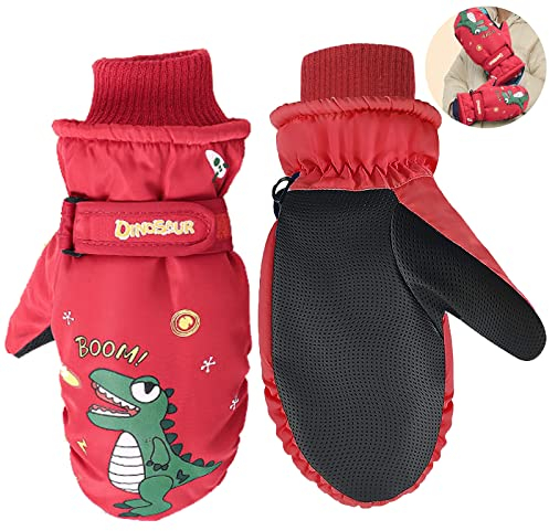 Mecctuck Kinderhandschuhe, Wasserdicht Warme Softshell Skihandschuhe, Cartoon Design, Rot, 5-10 Jahre, Unisex, Outdoor Activities, Laufen