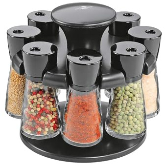 Küchenprofi Râtelier à épices Rondo 8 verres Noir Acier inoxydable Dosage réglable Étagère rotative 8 Montage sur comptoir Vaisselle Cuisine Cuisine