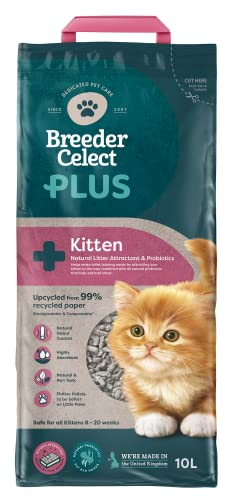 Breeder Celect Plus Kitten Cat Litter (10L) - 99 Percent Recycled Paper, Absorbent Cat Litter, Natural Probiotics & Attractant, Optimal Odor Control, Non-Clumping, Biodegradable - Made in UK