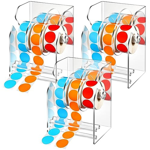 Geosar 3 Pcs Adjustable Label Dispenser 3 Disks Sticker Roll Holder Sticker Dispenser Clear Label Roll Holder Acrylic Tape Organizer Stand for Office Home Desktop