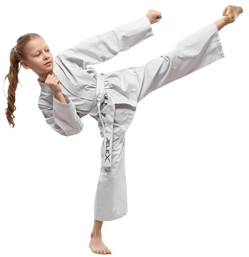 JELEX Kihaku Karateanzug Set aus Hose, Oberteil und Gürtel für Erwachsene und Kinder. Für Karate, Judo und andere Kampfsportarten. Für Einsteiger und Profis (130, kind weiß)
