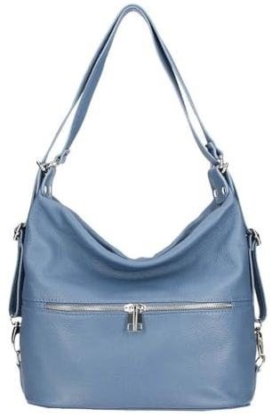 Made in Italy Damen echt Leder 2in1 Handtasche Rucksack Schultertasche CityRucksack Stadtrucksack Backpack Lederrucksack Daypack Ledertasche Jeansblau