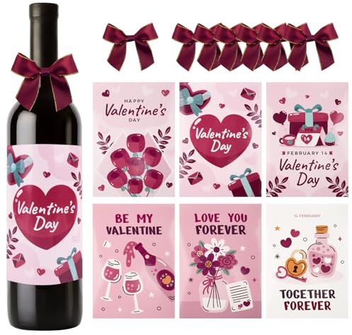 6 Stück Valentinstag Flaschenetikett mit 6 Stück Schleife, Weinflasche Deko Valentinstag Flaschenetiketten Selbstklebend Champagner Weinflaschen Aufkleber Party Dekorationen