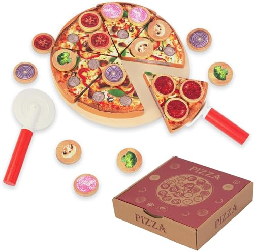 Pizza Set Holz, Pizza Kinderküche Zubehör, Holzpizza für Kinder, Spielküche Pizza Spielzeug Lebensmittel für Kaufladen, Pädagogisches Rollenspiel Lernspielzeug Geschenk