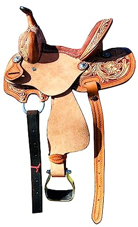Sazaar Tack Pony - Sillín de piel para niños con forma de caballo y caña de caballo de 8 a 18 pulgadas, tamaños de asiento con diseño floral con conchos plateados (café, asiento de 18 pulgadas)