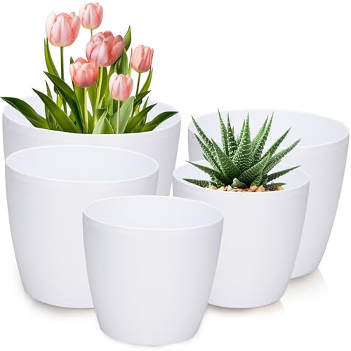 PECZEKO Set di 5 vasi da fiori lucidi, 12/13/15/18/21 cm, in plastica, per piante, grandi e piccoli, set di 5 vasi per erbe, colore bianco
