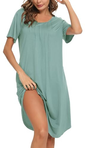Vlazom Womens Nightdress Soft Pleated Nighties Modal Short Sleeve Nightshirts Nightgown Sleepwear with Pockets,Dusky Green, XXL