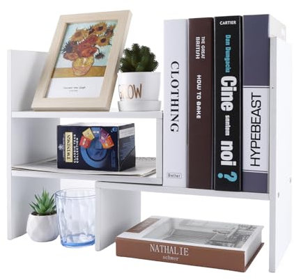 ASelected Wood Adjustable Bookshelf 17x35x30CM Desktop Bookshelf Display Storage Shelf Rack Desk Tidy Organiser Countertop Bookcase for Office & Home (Ivory White)