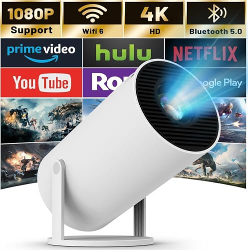 [Built-in Apps & Android 11.0] Mini Projector Portable 20000 Lux Projector 4K Supported 180° Rotation & Auto Keystone, Outdoor Compatible with TV Stick/Windows/iOS/Android/HDMI/USB (1080P)