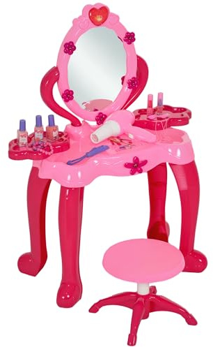AIYAPLAY Coiffeuse pour Enfants de 3 à 6 Ans Ensemble Coiffeuse et Tabouret avec Miroir 15 PCS, Table de Maquillage avec lumière, Musique, sèche-Cheveux, Rose