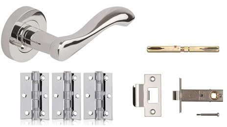 Dale Hardware Venus Door Handles & Push Button Privacy Latch, Complete Set with Door Handles, 75mm Tubular Latch and 3 x 75mm Ball Bearing Hinges, for Internal Wooden Doors. Polished Chrome