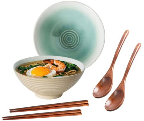 Ceraozmus 2 cuencos de cerámica para ramen, 40 onzas, 20 cm, con cuchara y palillos para sopa de ramen, fideos asiáticos, cuencos grandes para fideos (esmalte blanco, 2 juegos)