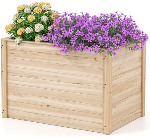 COSTWAY Förhöjd träplantering, djup träträdgårdsbädd, öppen botten planteringskruka, för balkong, trädgård, terrass, växtbädd, rektangulär, örtbädd, planteringskruka, massivt trä, 100 x 64 x 65,5 cm