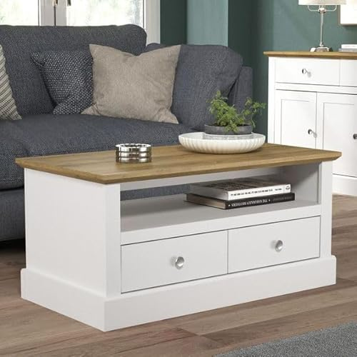 Galano Surrey 2 Drawer Coffee Table – Minimalist Rectangular Living Room Table with Storage Cabinet – Engineered Wood Construction – White/Oak
