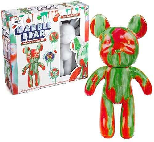 Marble Bear Pouring Kit Festive Christmas Edition – Marble Bear Paint Pouring Kit for Kids Aged 8+ Includes 23cm Bear, 3 x Paints, Tools and Instructions – Marble Bear Painting Craft Gift Set