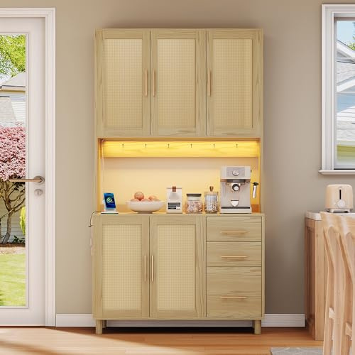 Generiskt köksskåp med LED, buffé, högskåp, vitrinskåp med 3 lådor, 5 dörrar, 2 USB och 2 uttag, justerbara hyllor, för kök, vardagsrum, matsal, 100 x 40 x 183 cm, natur