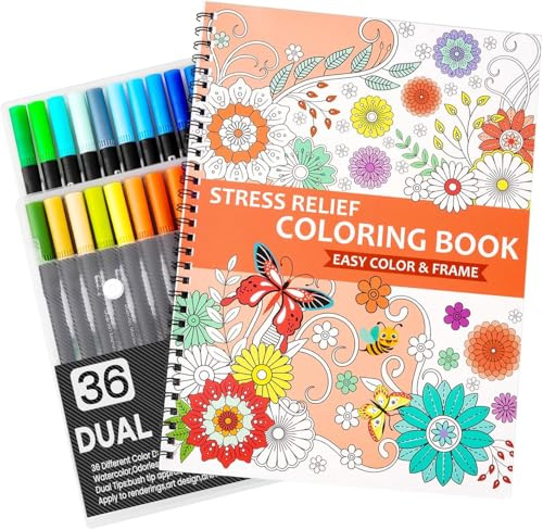 Atoke - Libro de colorear para adultos con 36 marcadores de colores, 30 patrones de flores, mandala, animales, encuadernación en espiral, libro para colorear para aliviar el estrés y relajarse