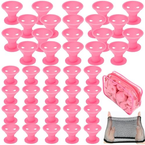 Silicone Hair Rollers Heat-Free Styling, 40 Pack (20 Large + 20 Small) with Hairnet in PVC Bag, Safe Hairdressing Tool for Women and Girls(Pink)