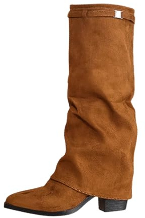 Generico Stivali donna invernali-Stivali da Donna Polpaccio con Blocco Gamba Larga in Pelle Con Risvolto Stivaletti Punta Boots Eleganti per Autunno Invernale